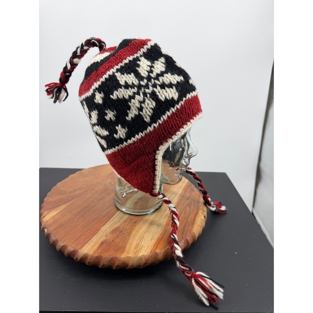 Koshi Snowflake Earflap Beanie Hat Women OS Red Black White Wool Knit Tassels